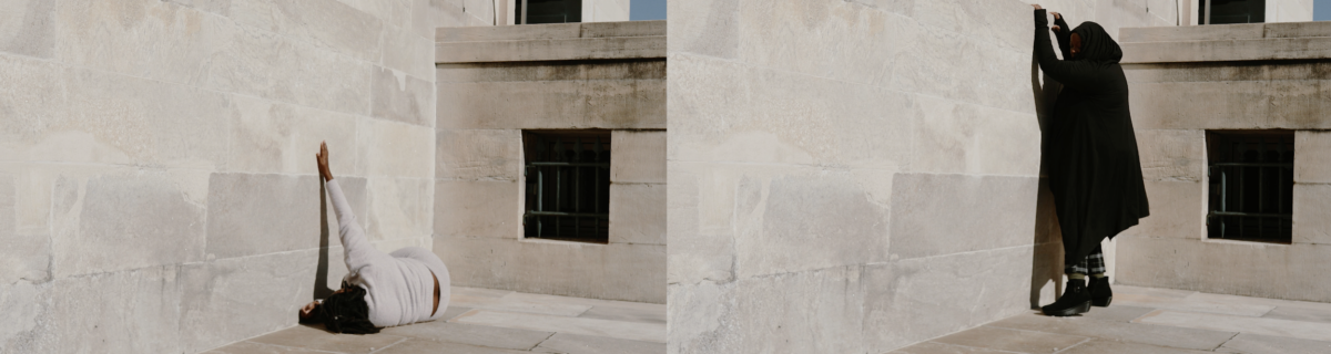 A side by side image of one woman laying at the base of the Washington Monument in Baltimore with her hand caressing the wall. Another woman is up against the monument.
