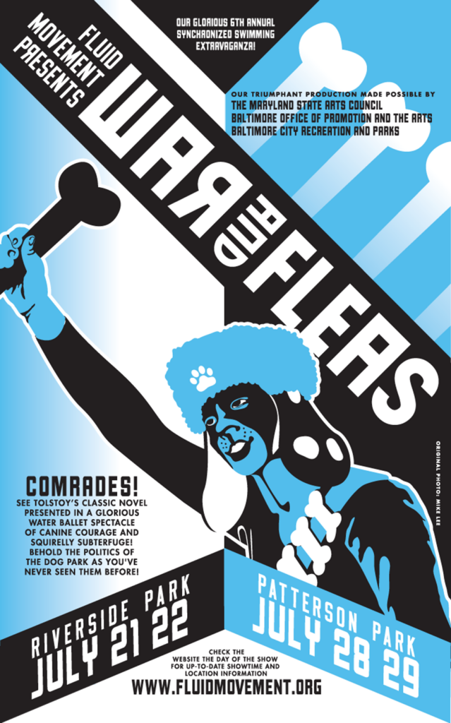 A flyer for the "war and fleas" poster by the group fluid movement.