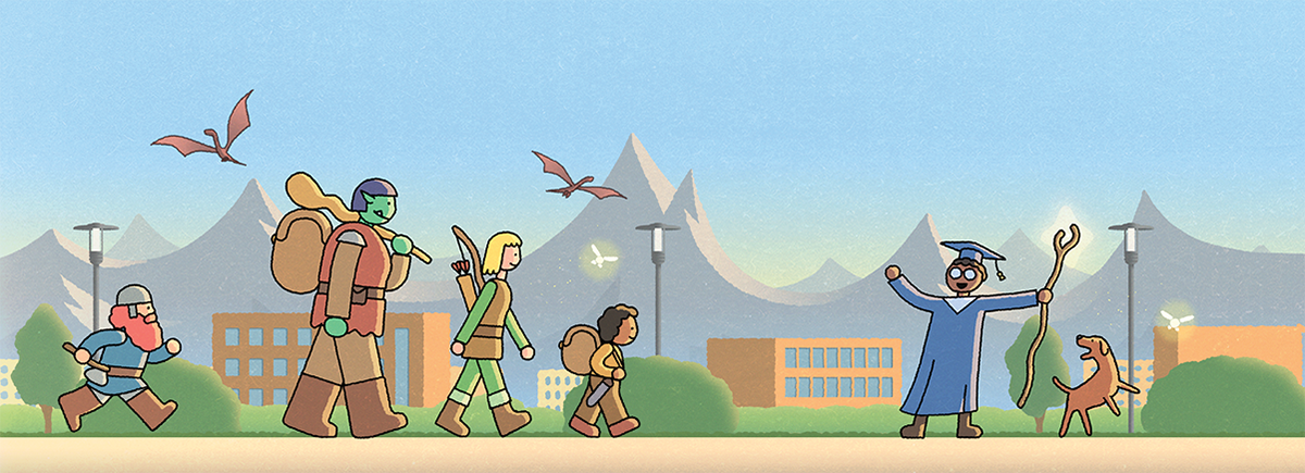Illustrations by Hugo Pablo Moreno, featuring a group of people on a journey through a mountainous landscape